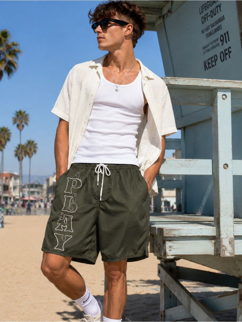 PLAYBOY by Pacsun Olive Green Swim Trunks with White Drawstring Size S